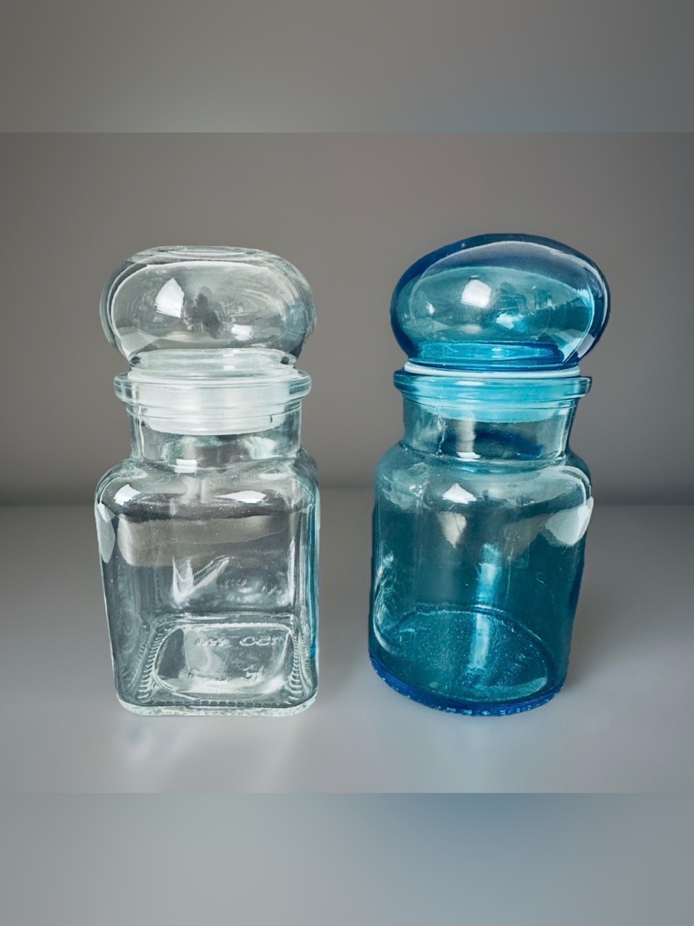 VTG Belgium Bubble Top Glass Apothecary Jars Set - Aqua Blue & Clear